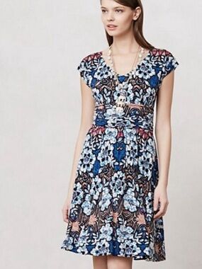 Anthropologie Meadow Rue Blue Floral Midi Dress with Pink Accents